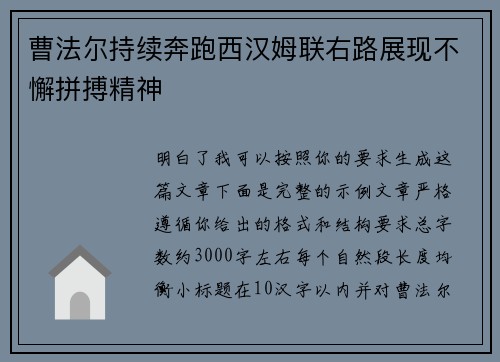 曹法尔持续奔跑西汉姆联右路展现不懈拼搏精神 曹法尔持续奔跑西汉姆联右路展现不懈拼搏精神