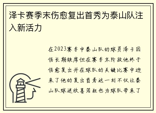 泽卡赛季末伤愈复出首秀为泰山队注入新活力 泽卡赛季末伤愈复出首秀为泰山队注入新活力