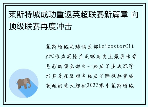 莱斯特城成功重返英超联赛新篇章 向顶级联赛再度冲击
