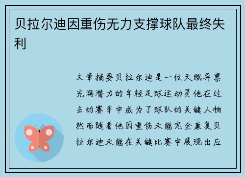 贝拉尔迪因重伤无力支撑球队最终失利 贝拉尔迪因重伤无力支撑球队最终失利